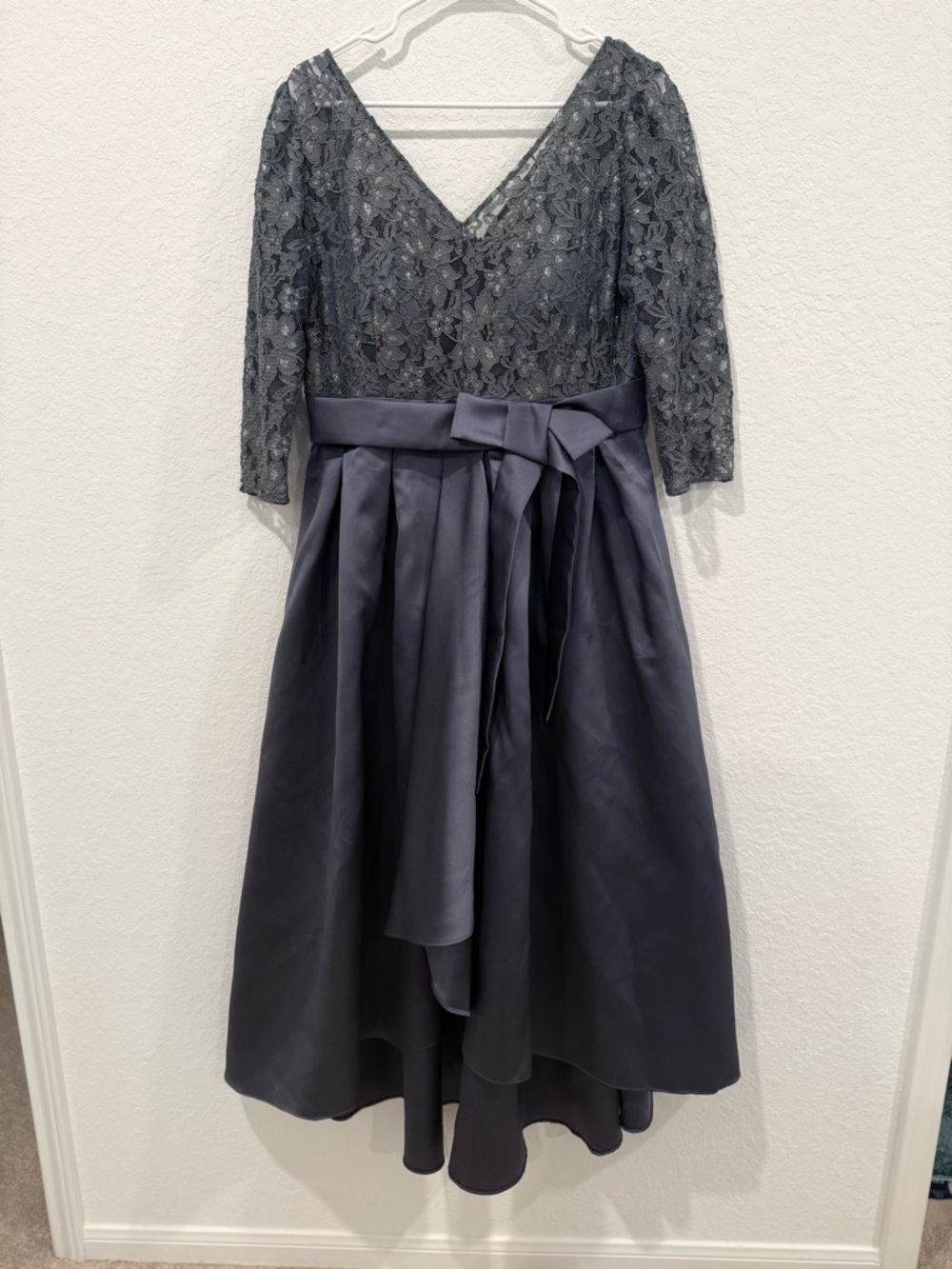 Ignite Evening V-Neck Lace Bodice High-Low Satin Dress in Charcoal